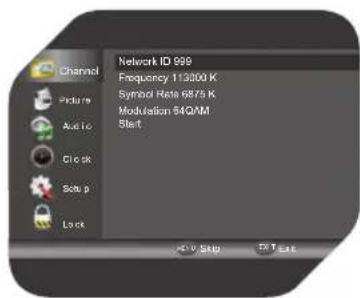 Network ID 999 Frequency 113200 K Symbol Rate 6875 K Modulation 64QAM Start A: V Skip S: T: East