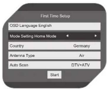 Ersteinrichtung Menü-Sprache Deutsch Gebrauchsmodus Privatnutzung Land Deutschland Antennenart Antenne Autom. Suchlauf DTV+ATV Starten