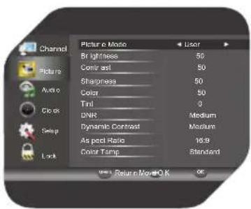 Channel Picture Audio Clock Setup Lock Picture o Miao Br lightless 50 Contrast 50 Sharpness 50 Color 50 Tint 0 DNR Medium Dynamic Contrast Medium As post Ratio 16:9 Color Range Standard Return Move OK