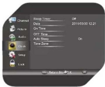 Channel Sleep Timer Off Date 2011/03/30 12:21 Picture On Time Auto Sleep On Clock Time Zone Setup Lock vno Return Movie OK