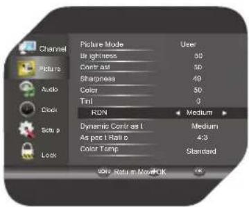 Channel Picture Mode User Brightness 60 Contrast 50 Sharpness 49 Color 50 Tint 0 RGB Medium Temp Dynamic Cont/ast I Medium As pecl Rali b 4:3 Color Temp Standard Lock OK! Return Now OK