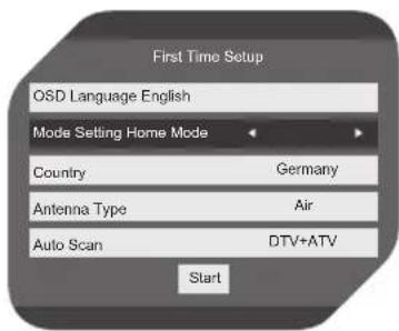 Ersteinrichtung Menu-Sprache Deutsch Gebrauchsmodus Privatnutzung Land Deutschland Antennenart Antenne Autom. Suchlauf DTV+ATV Starten