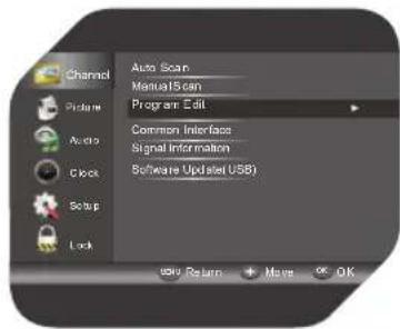 Channel Auto Scan ManualScan Program Edit Common Interface Signal Information Software Update(USB) Audio Clock Setup Lock View Return Move OK