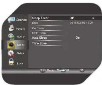Channel Sleep Timer Date 2011/03/30 12:21 Picture On Time OFF Time Auto Sleep On Clock Time Zone Setup Lock Return Movie OK