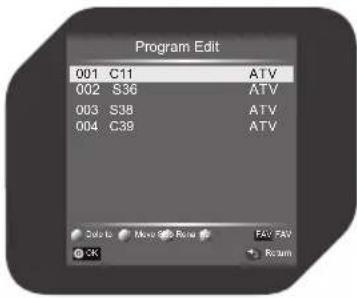 Program Edit 001 C11 ATV 002 S36 ATV 003 S38 ATV 004 C39 ATV Start: Move Run: FAT FAV OK Return