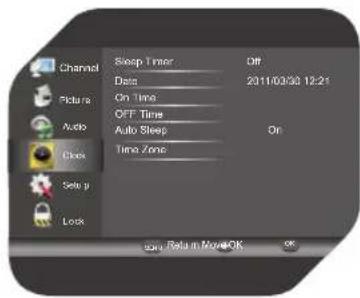Channel Sleep Timer Off Date 2011/03/03 12:21 Picture On Time OFF Time Auto Sleep On Clock Time Zone Select g Lock Buy, Refu in Move OK