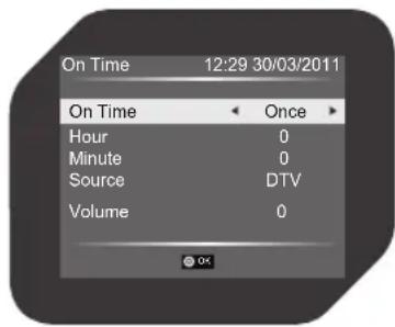 On Time 12:29 30/03/2011 On Time < Once > Hour 0 Minute 0 Source DTV Volume 0