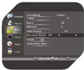Channel Picture Audio Clocks Setup Lock SoundMode Trebo Base Balance Auto Volume Sur round Sound Off SPDIF Off Audio Deser lotion Theater 12 20 0 On Return Mode OK