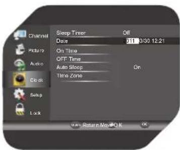Channel Sleep Timer Date Off 011 030 12:21 Picture On Time OFF Time Audio Auto Sleep On Time Zone Clo Setup Lock OK Return May OK