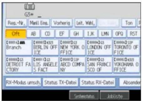 G3*_ Resp.-Nr. Manl. Eins. Vorherig Leit. Wahl. Ton Off AB CD EF GH IJK LMN OPQ RST [000014] ABA Branch [000012] K325 BERLIN OFF ICE [000012] G3 NEW YORK 0 FFICE [000012] G3 LONDON OFF ICE [000012] S3P TORONTO OF FICE [000012] G3 DETROIT FA CTORY [00011] G3 LOS ANGELE S FACT [000012] S3P ABCD COMPANY [000012] G3 SAN FRANCI SO OF [000012] K325 YOKOHAMA 0 FFICE RX-Modus umsch Status TX-Datei Status RX-Datei Absender Systemstatus Jobliste