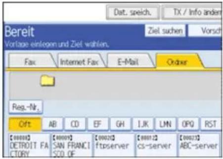 Dat. speich. TX / Info ander Bereit Vorlage einlagen und Ziel wählen. Ziel suchen Vorsch Fax Internet Fax E-Mail Order Reg.-Nr. Oft AB CD EF GH IJK LMN OPQ RST [00000] [SAN FRANCISCO OF] [00020] [00012] [00023] DETROIT FA CTORY spserver cs-server ABC-server