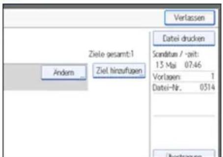 Verlassen Ziele gesamt:1 Andem Ziel hinzufugen Datei drucken Scanditum / -zeit: 13 Mai 07:46 Vorlagen: 1 Datei-Nr. 0514 Übertragen