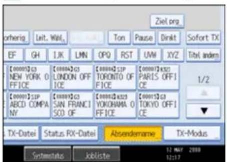 Ziel.org otherig Leit. Wall, Ton Pause Dinkt Sofort TX EF GH IJK LMN OPQ RST UW XYZ Titel andem [0000]G3 [0000A]G3 [0000A]SIP [0000T]K321 PARIS OFFICE NEW YORK 0 FICE LONDON OFFICE TORONTO OF FICE [0000]SIP [0000F]G3 [0000A]K323 YOKOHAMA 0 FICE [0001S]G3 TOKYO OFFICE ABCD COMPANY SAN FRANCISCO OF 1/2 TX-Datei Status RX-Datei Abzendename TX-Modus Systemats Jobliste 12 MAY 2008 12:17