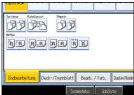Sortieren Rotationsort Shapeo Heften R A R A R A R Endbearbeitung Deck-/Tremblatt Bearb. / Farb. Duples/Komb Systemstatus Jobliste