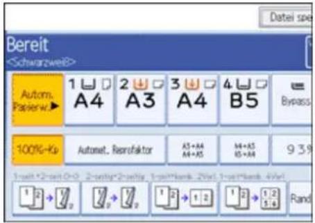 Bereit Autom. Paperw.► 1 A4 2 A3 3 A4 4 B5 100%-Ku Automat. Reprufaktor AS+AS M+AS 9 3% 1=wt*2=wt Or0 2=wt*2=wtg 1=wt*bank 2=wt 1=wt*bank 4=wt 1 2 → 7 2 → 7 1 2 → 1 2 1 2 → 1 2 Rand