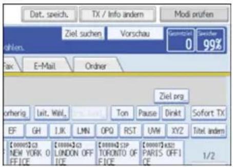 Dat. speich. TX / Info andem Modi prufen Ziel suchen Vorschau Gesamtlei 0 Sachler 99% Fax E-Mail Ordner Ziel prg orherig Leit. Wall, Ton Pause Dinkt Sofort TX EF GH IJK LMN OPQ RST UVW XYZ Titel andem [00002]C3 NEW YORK 0 OFFICE [00004]C3 LONDON OFF ICE [00006]SP TORONTO OF FICE [00007]x321 PARIS OFFICE 1/2