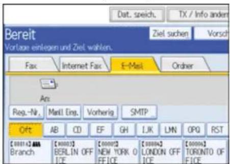 Bereit Vortage einlegen und Ziel wählen. Fax Internet Fax E-Mail Order Am: Reg.-Nr. Mandl.Eng.Vorherig SMTP Off AB CD EF GH LJK LMN OPQ RST [000142] AB Branch [00003] [00007] [00004] [00004] BERLIN OFF NEW YORK O LOONDON OFF TORONTO OF ICE FFICE ICE FFICE