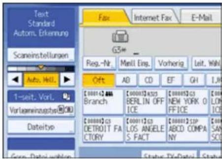 Text Standard Autorn. Erkennung Scaneinstellungen Auto, Hell. 1-seit. Vorl. Vorlagreinzugtes®(0) Dateityp Fax Internet Fax E-Mail Reg.-Nr. Manl. Eing. Vorherig Leit. Wall Oft AB CD EF GH LH € 00012 € 000 Branch € 000012 € 453 BERLIN OFF ICE € 000012 € 63 NEW YORK O FFICE € 000012 € 51 DETROIT FA CTORY € 000112 € 5 LOS ANGELE S. FACT € 000012 SIP ABCD COMPA NY € 000012 LON ICE € 000012 € 59 SAN SCI Status: File Date: Status