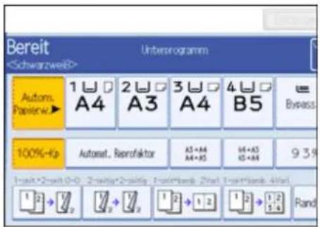 Bereit Untersprogramm Autom. Paperw.► 1 A4 2 A3 3 A4 4 B5 Bypass 100%-Kp Automat.. Reprofaktor A5+A4 A4+A5 H4+A5 H5+A9 9.3% 1 2 → 1/2 → 1/2 → 1/2 → 1/2 → Rand