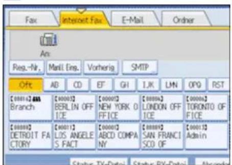 Fax Intercept Fax E-Mail Order An: Reg.-Nr. Mail.Eng. Vorherig SMTP Off AD CD EF GH LJK LMN OPQ RST [00014] ABA Branch [00003] BERLIN OFF ICE [00002] NEW YORK O FFICE [00004] LONDON OFF ICE [00006] TORONTO OF FICE [00009] DETROIT FA CTORY [00011] LOS ANGELE S.FACT [00005] ABCD COMPA NY [00009] SAN FRANCI SCO.OF [00013] Admin Status: TX-Date1, Status: BY-Date1, Alexander