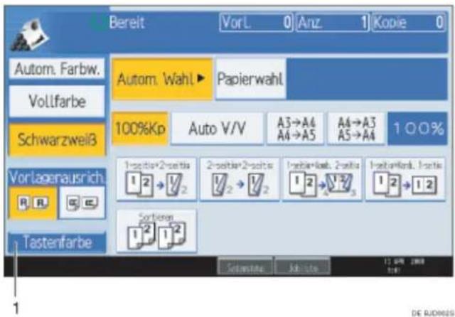 Bereit VorL 0 Anz 1 Kopie 0 Autom. Farbw. Vollfarbe Schwarzweiß Autom. Wahl ▶ Papierwahl 100%Kp Auto V/V A3→A4 A4→A5 A4→A3 A5→A4 1 0 0 % Vorlagenausrich. R R C Tastenfarbe 1-digit+2-digit 2-digit+2-digit 1-digit+2-digit 1-digit+2-digit Sortieren 1 2 1 2 Setanlage kluite 12 APR 2008 DE BUDENES