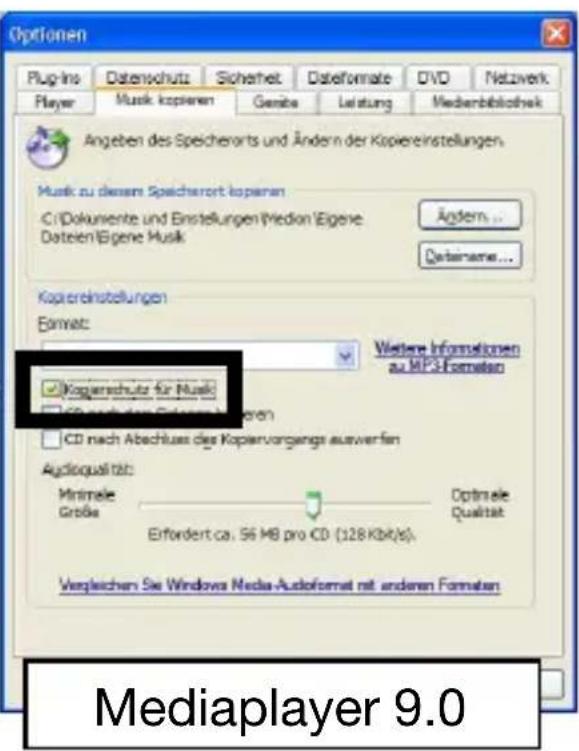 Options Plug-ins Datenschutz Sicherheit Dateformate DVD Netzwerk Player Musik kopieren Genibe Latung Medienbibliothek Angeben des Speicherorts und Ändern der Kopiereinstellungen. Musik zu diesem Speichervort kopieren C:\Dokumente und Einstellungen\Predion\Eigene Dateien\Eigene Musik Ändern... Qatername... Kopiereinstellungen Format: Werte Informationen zu MP3-Formaten Kopierschutz für Musik CD nach Abschluss des Kopiervorgangs ausverfen CD nach Abschluss des Kopiervorgangs ausverfen Audioqualität: Minimale Größe Erfordert ca. 56 MB pro CD (128 KBt/s). Optimale Qualität Vergleichen Sie Windows Media-Audioformet mit anderen Formaten Mediaplayer 9.0
