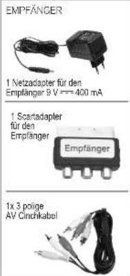 EMPFÄNGER 1 Netzadapter für den Empfänger 9 V === 400 mA 1 Scartadapter für den Empfänger Empfänger 1x 3 polige AV Cinchkabel
