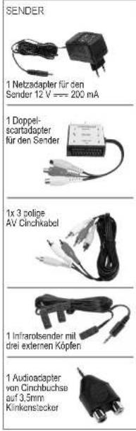 SENDER 1 Netzadapter für den Sender 12 V === 200 mA 1 Doppel- scartadapter für den Sender 1x 3 polige AV Cinchkabel 1 Inflarolsender mit drei externen Köpfen 1 Audioadapter von Cinchbuchse auf 3,5mm Kinkenstecker