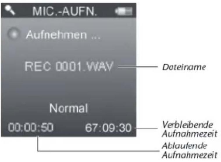 MIC.-AUFN. Aufnehmen ... REC 0001.WAV Doteirame Normal 00:00:50 67:09:30 Verbleibende Aufnahmezeit Ablaulende Aufnahmezeit