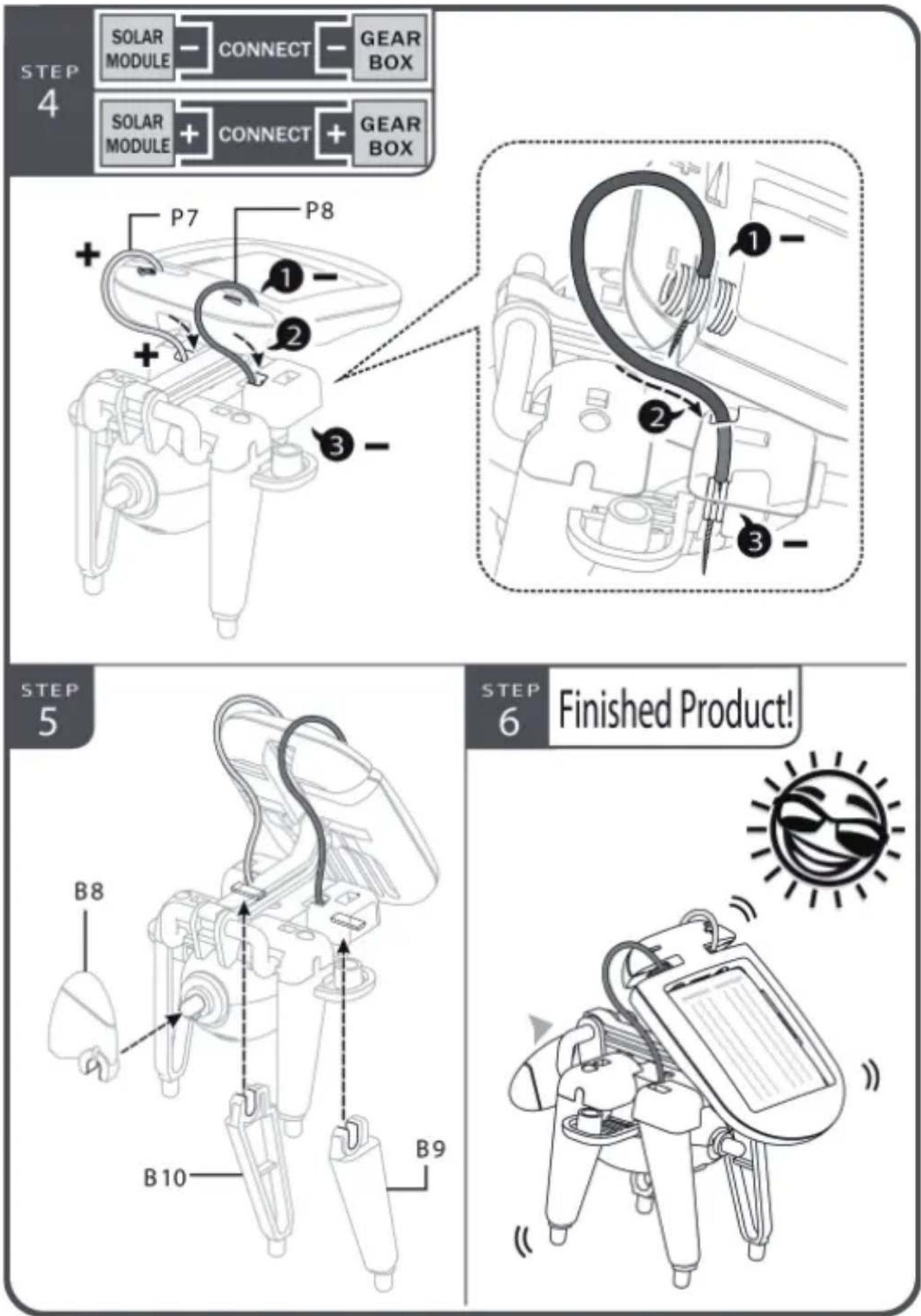 STEP 4 SOLAR MODULE CONNECT GEAR BOX SOLAR MODULE + CONNECT + GEAR BOX P7 P8 1 2 3 STEP 5 B8 B10 B9 STEP 6 Finished Product!