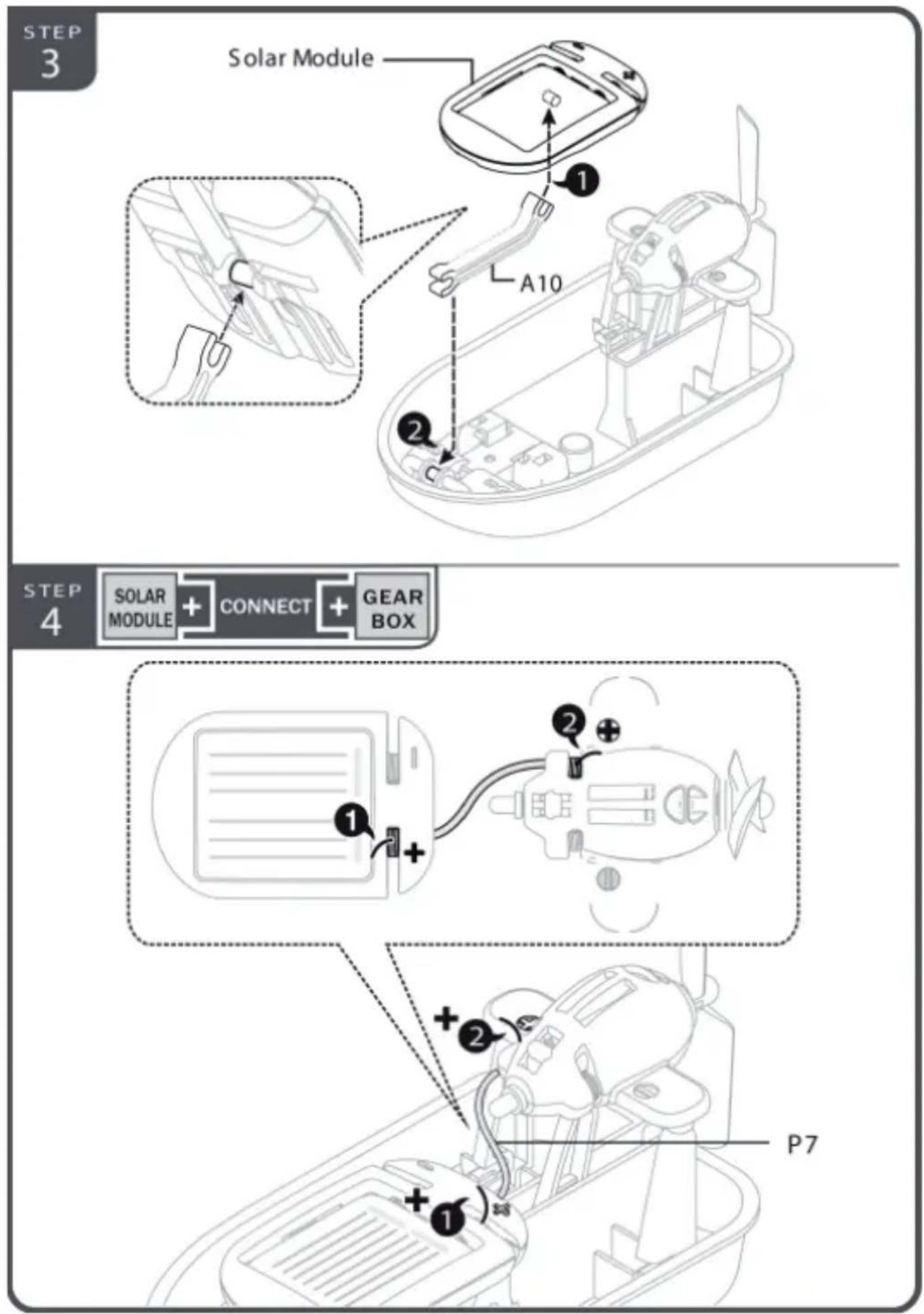 STEP 3 Solar Module A10 STEP 4 SOLAR MODULE + CONNECT + GEAR BOX ① ② ① ② P7