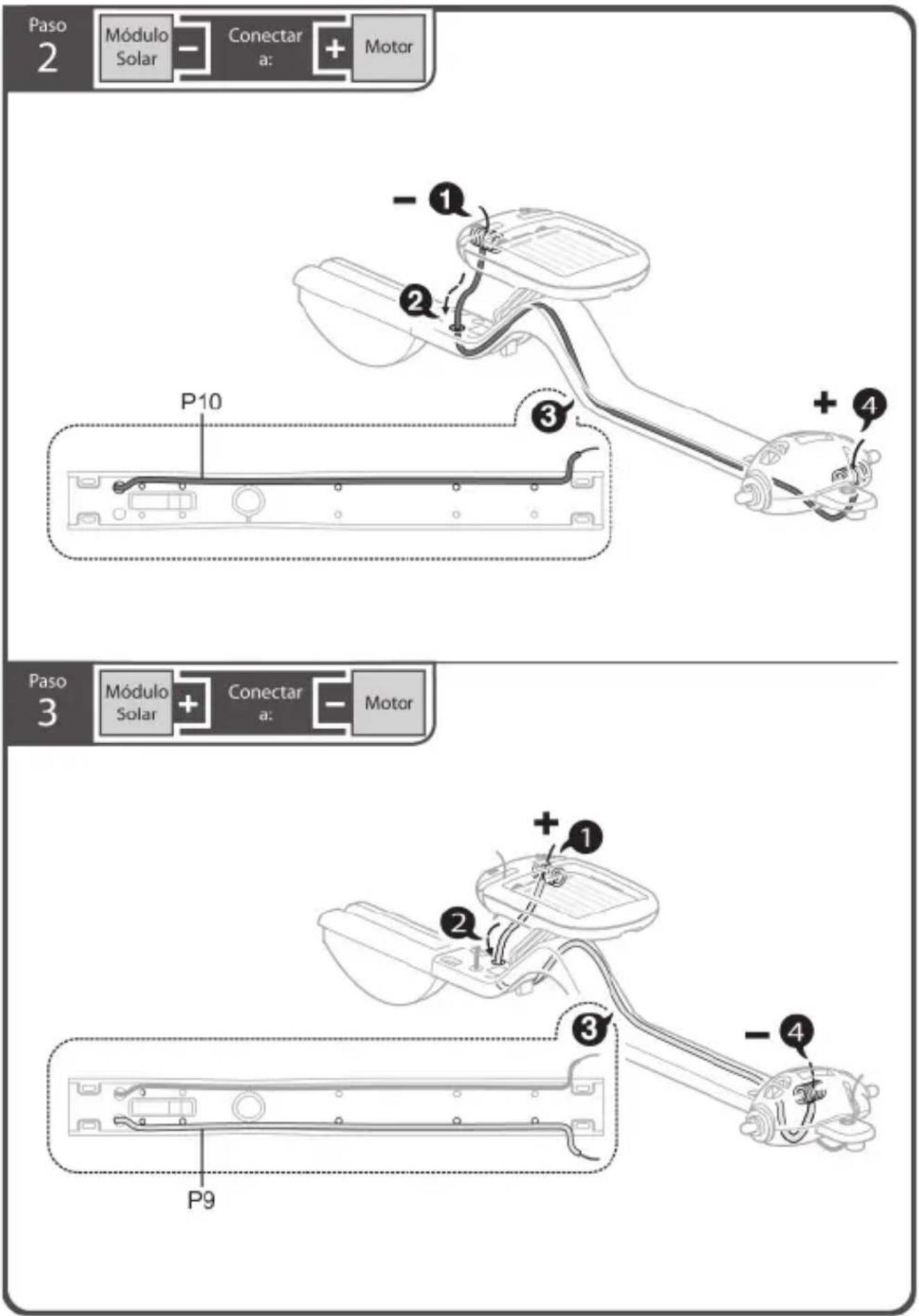 Paso 2 Módulo Solar Conectar a: + Motor P10 - ① ② ③ + ④ Paso 3 Módulo Solar Conectar a: - Motor P9 + ① ② ③ - ④