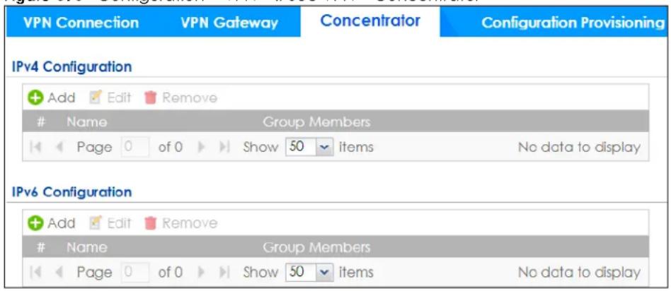 VPN Connection VPN Gateway Concentrator Configuration Provisioning IPv4 Configuration Add Edit Remove Name Group Members Page 0 of 0 Show 50 items No data to display IPv6 Configuration Add Edit Remove Name Group Members Page 0 of 0 Show 50 items No data to display
