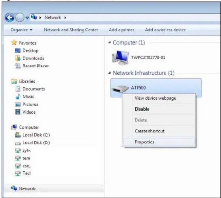 Network Organize Network and Sharing Center Add a printer Add a wireless device Favorites Desktop Downloads Recent Places Libraries Documents Music Pictures Videos Computer Local Disk (C:) Local Disk (D:) zytn tem cso_ Tedl Network Computer (1) TWPCZT02778-01 Network Infrastructure (1) ATP500 View device webpage Disable Delete Create shortcut Properties