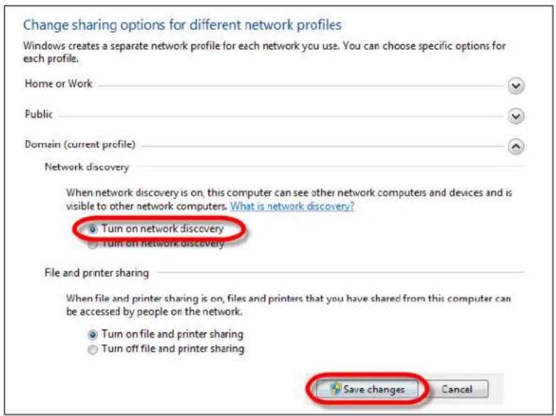 Change sharing options for different network profiles Windows creates a separate network profile for each network you use. You can choose specific options for each profile. Home or Work Public Dormain (current profile) Network discovery When network discovery is on, this computer can see other network computers and devices and is visible to other network computers. What is network discovery? ● Turn on network discovery ○ Turn off network discovery File and printer sharing When file and printer sharing is on, files and printers that you have shared from this computer can be accessed by people on the network. ● Turn on file and printer sharing ○ Turn off file and printer sharing Save changes Cancel
