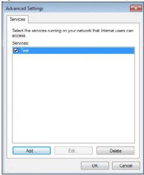 Advanced Settings Services Select the services running on your network that Internet users can access. Services: Test Add... Edit... Delete OK Cancel