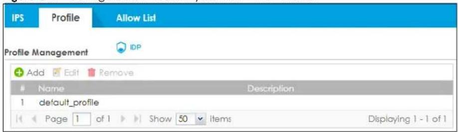 IPS Profile Allow List Profile Management IDP Add Edit Remove Name Description 1 default_profile Page 1 of 1 Show 50 items Displaying 1 - 1 of 1
