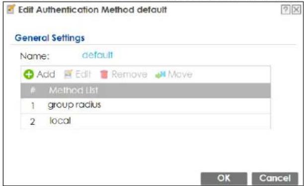 Edit Authentication Method default General Settings Name: default Add Edit Remove Move Method List 1 group radius 2 local OK Cancel