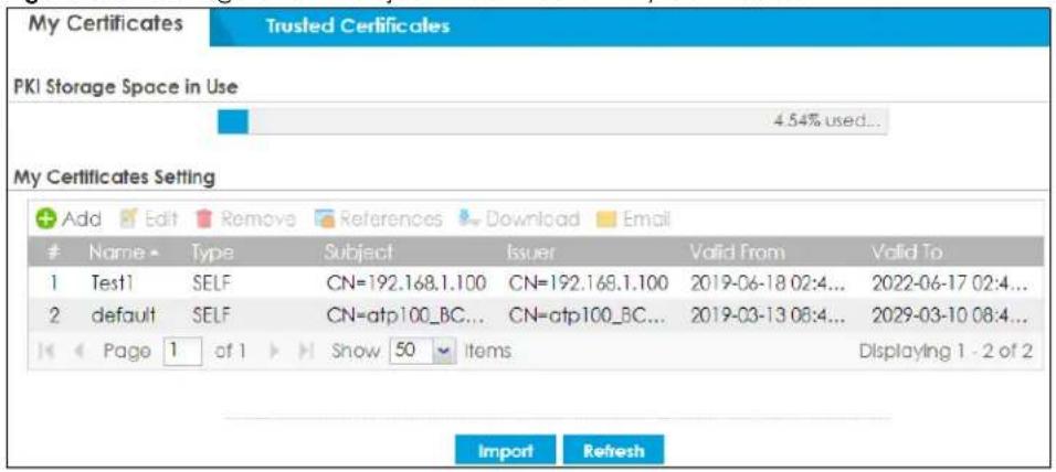 My Certificates Trusted Certificates PKI Storage Space in Use 4.54% used... My Certificates Setting Add Edit Remove References Download Email Name Type Subject Issuer Valid From Valid To 1 Test1 SELF CN=192.168.1.100 CN=192.168.1.100 2019-06-18 02:4... 2022-06-17 02:4... 2 default SELF CN=atp100_BC... CN=atp100_BC... 2019-03-13 08:4... 2029-03-10 08:4... Page 1 of 1 Show 50 Items Displaying 1 - 2 of 2 Import Refresh