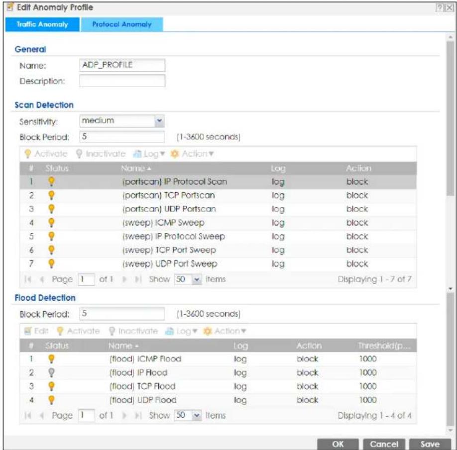 Edit Anomaly Profile Traffic Anomaly Protocol Anomaly General Name: ADP_PROFILE Description: Scan Detection Sensitivity: medium Block Period: 5 (1-3600 seconds) Status Name Log Action 1 (portscan) IP Protocol ScanLoad log block 2 (portscan) TCP PortscanLoad log block 3 (portscan) UDP PortscanLoad log block 4 (sweep) ICMP SweepLoad log block 5 (sweep) IP Protocol SweepLoad log block 6 (sweep) TCP Port SweepLoad log block 7 (sweep) UDP Port SweepLoad log block Page 1 of 1 Show 50 Items Displaying 1 - 7 of 7 Flood Detection Block Period: 5 (1-3600 seconds) Edit Activate Inactivate\Log Action Status Name Log Action Threshold(p... 1 flood) ICMP FloodLoad log block 1000 2 flood) IP FloodLoad log block 1000 3 flood) TCP FloodLoad log block 1000 4 flood) UDP FloodLoad log block 1000 Page 1 of 1 Show 50 Items Displaying 1 - 4 of 4 OK Cancel Save