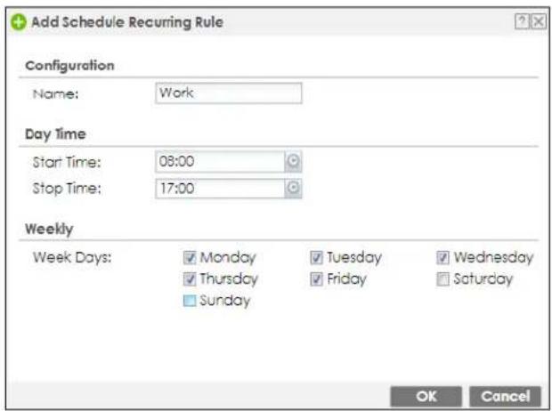 Add Schedule Recurring Rule Configuration Name: Work Day Time Start Time: 08:00 Stop Time: 17:00 Weekly Week Days: Monday Tuesday Wednesday Thursday Friday Saturday Sunday OK Cancel