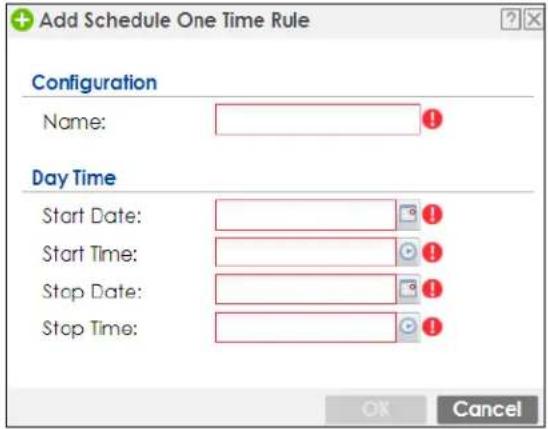 Add Schedule One Time Rule Configuration Name: Day Time Start Date: Start Time: Stop Date: Stop Time: