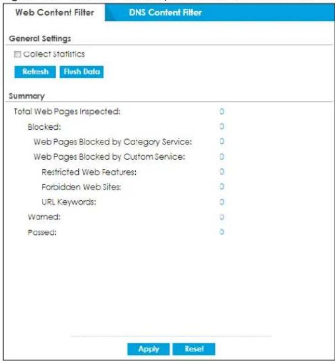 Web Content Filter DNS Content Filter General Settings Collect statistics Refresh Flush Data Summary Total Web Pages Inspected: 0 Blocked: 0 Web Pages Blocked by Category Service: 0 Web Pages Blocked by Custom Service: 0 Restricted Web Features: 0 Forbidden Web Sites: 0 URL Keywords: 0 Warned: 0 Passed: 0 Apply Reset