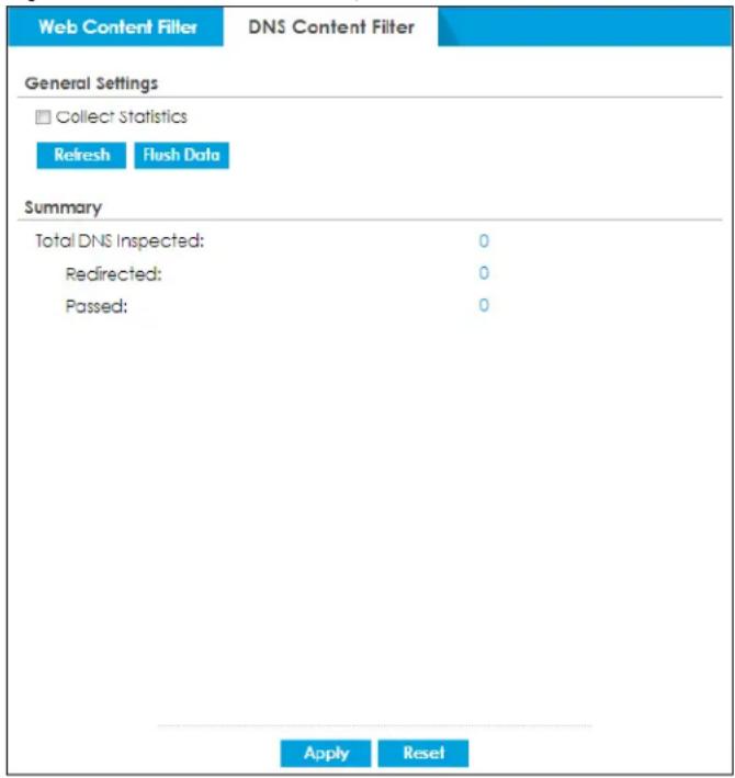 Web Content Filter DNS Content Filter General Settings Collect Statistics Refresh Flush Data Summary Total DNS Inspected: 0 Redirected: 0 Passed: 0 Apply Reset