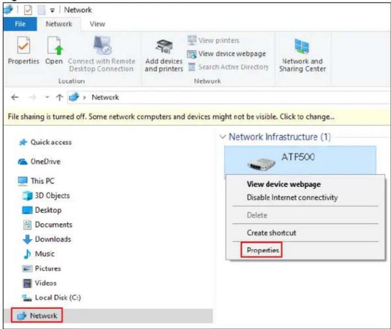 File Network View Properties Open Connect with Remote Desktop Connection Add devices and printers View printers View device webpage Search Active Directory Network and Location Network Network File sharing is turned off. Some network computers and devices might not be visible. Click to change... Quick access OneDrive This PC 3D Objects Desktop Documents Downloads Music Pictures Videos Local Disk (C:) Network Network Infrastructure (1) ATP500 View device webpage Disable Internet connectivity Delete Create shortcut Properties Network