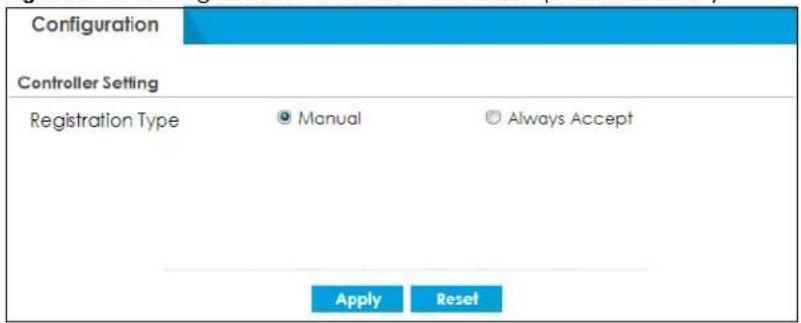 Configuration Controller Setting Registration Type ● Manual ○ Always Accept Apply Reset