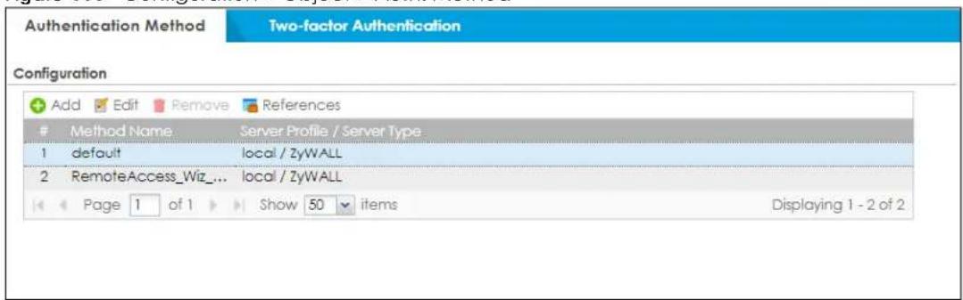 Authentication Method Two-factor Authentication Configuration Add Edit Remove References Method Name Server Profile / Server Type 1 default local / ZyWALL 2 RemoteAccess_Wiz... local / ZyWALL Page 1 of 1 Show 50 items Displaying 1 - 2 of 2