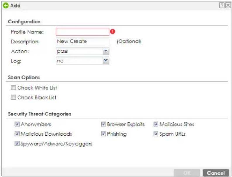 Add Configuration Profile Name: Description: New Create (Optional) Action: pass Log: no Scan Options Check White List Check Black List Security Threat Categories Anonymizers Browser Exploits Malicious Sites Malicious Downloads Phishing Spam URLs Spyware/Adware/Keyloggers OK Cancel