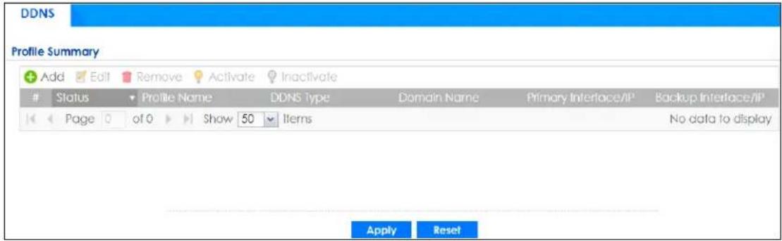 DDNS Profile Summary Add Edit Remove Activate Inactivate Status Profile Name DDNS Type Domain Name Primary Interface/IP Backup Interface/IP Page of 0 Show 50 Items No data to display Apply Reset
