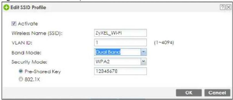 Edit SSID Profile Activate Wireless Name (SSID): ZyXEL_Wi-Fi VLAN ID: 1 (1~4094) Band Mode: Dual Band Security Mode: WPA2 Pre-Shared Key 12345678 802.1X OK Cancel